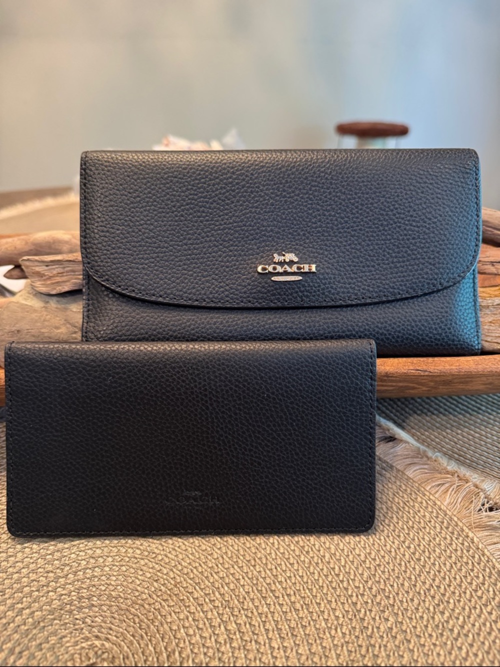 Coach Black Pebbled Leather Wallet & Checkbook Duo with Gold Logo